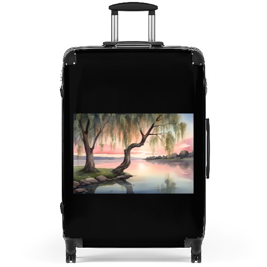 Watercolor weeping willow tree by a lake at dusk Suitcases