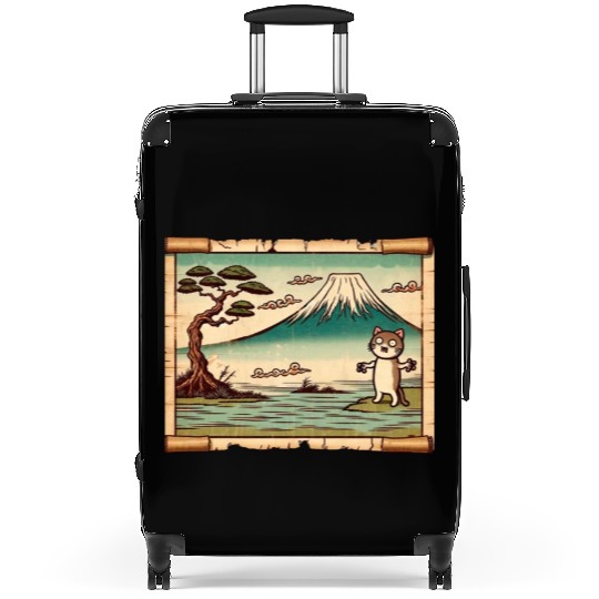 Mt. Fuji Kitten Papyrus Scroll Retro Japanese Art Suitcases