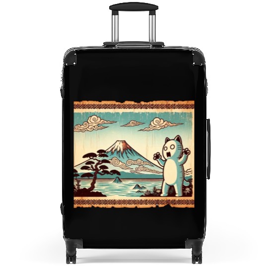 Mt. Fuji Kitten Papyrus Scroll Retro Japanese Art Suitcases