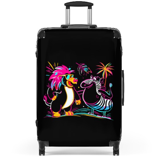 Tropical Neon Beats: Lion & Zebra's Beach Party Suitcases