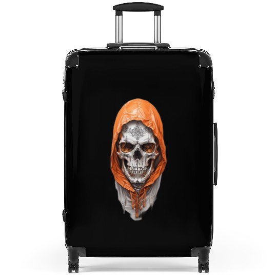Default A skull in an orange hoodi ultra realistic Suitcases