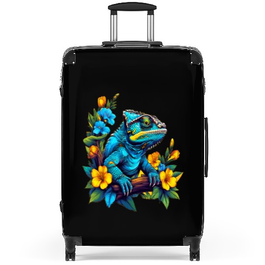 Chameleon Sitting on Branch Surrounded by Flowers Suitcases