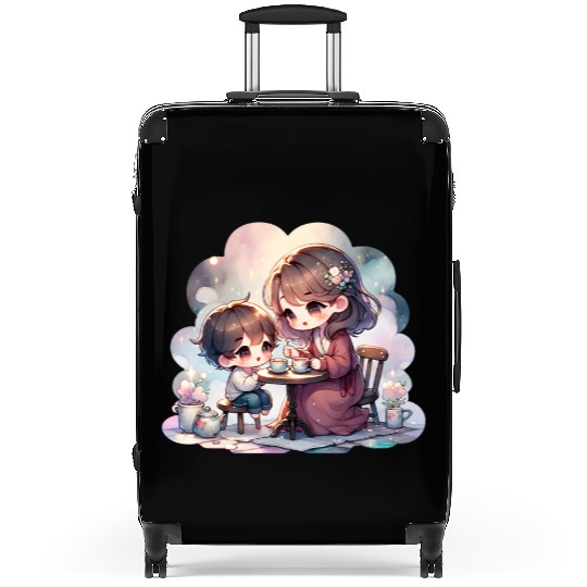 Mother and Son Enjoying a Cozy Tea Party Suitcases