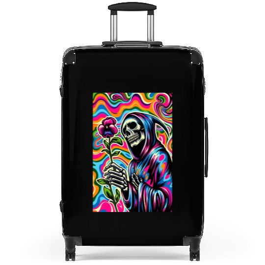 Psychedelic Grim Reaper Holding Sweet Pea Flower Suitcases