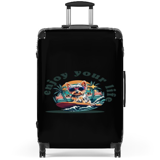 Enjoy Your Life: Yorkie Dog Surfing Premium Cotton Suitcases