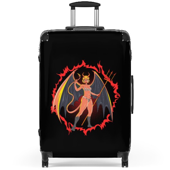 Devil Girl With Huge Wings And Pitchfork Suitcases