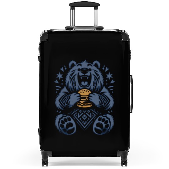 Cute Grizzly with Hamburger, Blue Suitcases