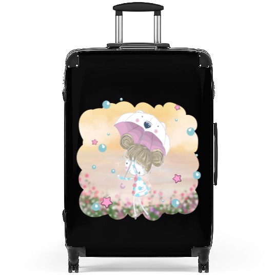 Cute Adorable Little Girl Raining In Flower Garden Suitcases