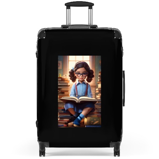 A sweet 5 year old girl wearing a light blue butto Suitcases