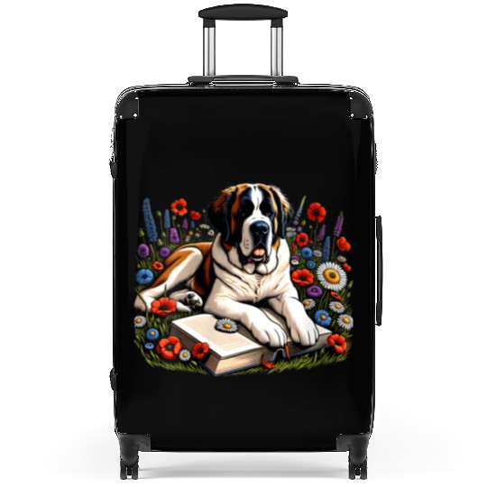Wildflower St Bernard Reading Book Dog Puppy Lover Suitcases