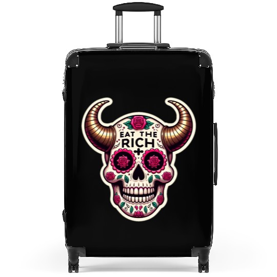 Horned Sugar Skull, eat the rich skull Suitcases