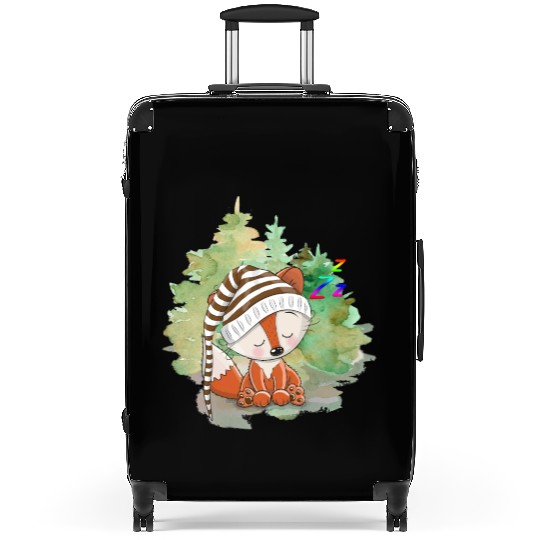 Pilot Fox Sitting On Grass With Tree Forest Suitcases