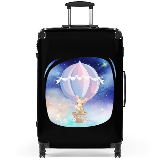 Giraffe And Child Flying Sky Using Hot Balloon Suitcases