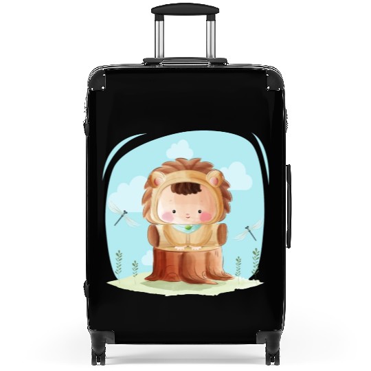 Baby Cute With Lion Costume Sitting On Log Tree Suitcases
