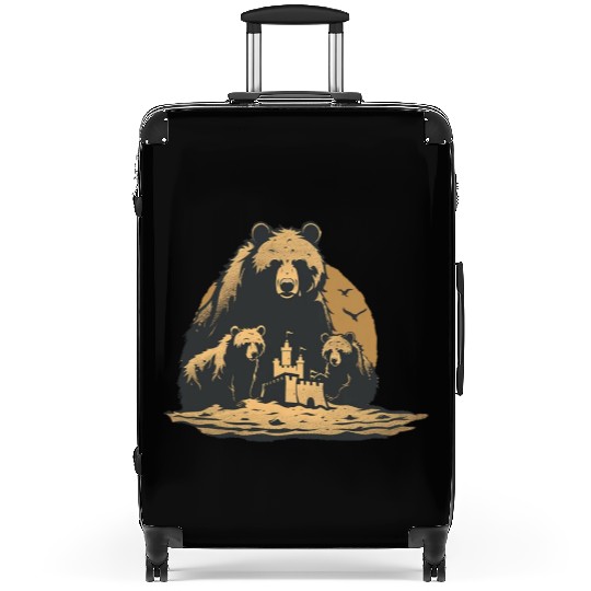 Momma Bear and Two Bear Cubs Building a Sand Castl Suitcases