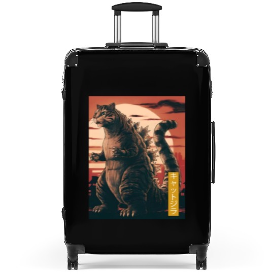 Funny Cute Cat Art Japanese Sunset Retro Catzilla Suitcases
