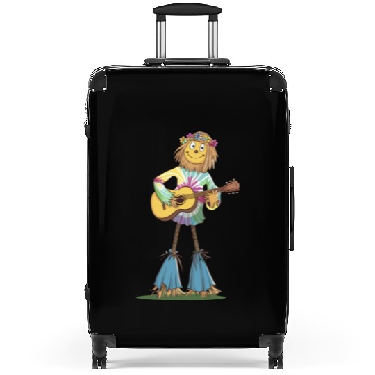Hippie Scarecrow Playing Guitar Suitcases