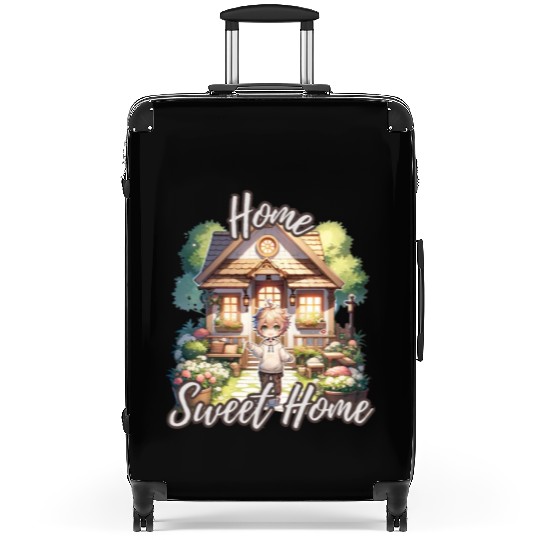 Home Sweet Home House Cabinand Person Waving 1 Suitcases