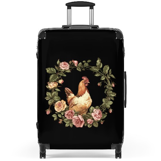 Serene Chicken in Flower-Filled Garden Suitcases