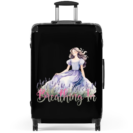 Girl in Lavender Dress Relaxing in Flower Field Suitcases