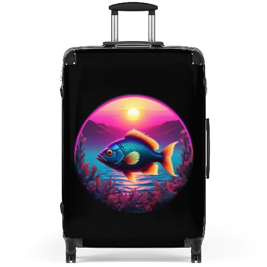 Synthwave Fish and Coral and a Sunset and Ocean Suitcases