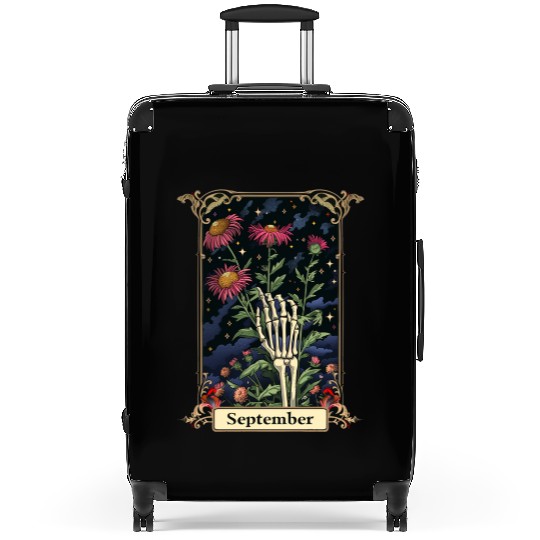 September Gothic Tarot Card - Aster Flower & Skele Suitcases