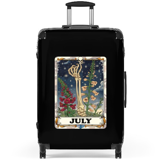 July Gothic Tarot Card - Larkspur Flower & Skeleto Suitcases