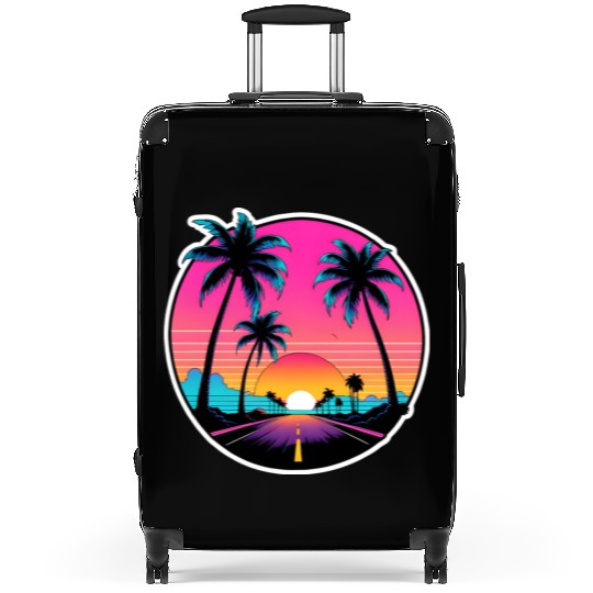 Beach road sunset driving on a lonely road. Suitcases