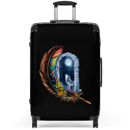 Glowing feather with wolf howling at the moon Suitcases