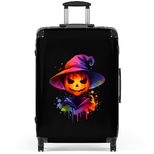 Happy Halloween Pumpkin Witch Art with Colorful Suitcases