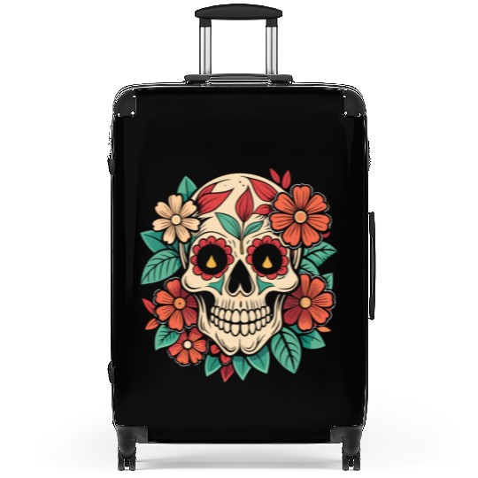 Vintage Retro Halloween Sugar Skull with floral Suitcases