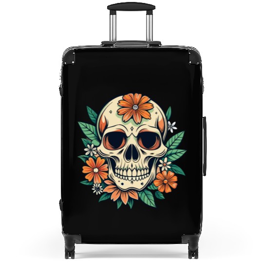 Vintage Retro Halloween Sugar Skull with floral Suitcases