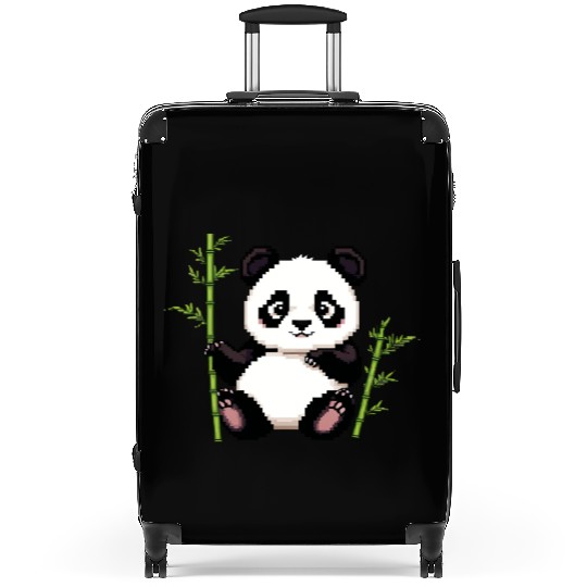 A pixel art of a panda with a bamboo leaf Suitcases