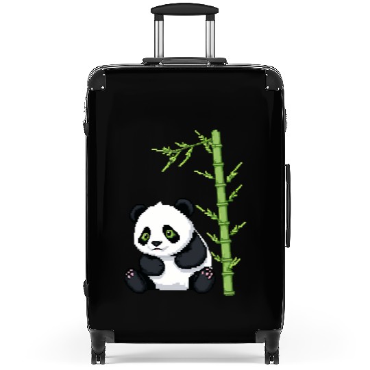 A pixel art of a panda with a bamboo leaf Suitcases