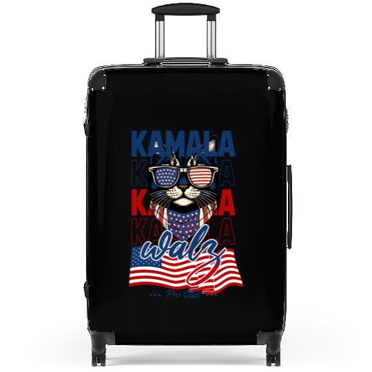 Patriotic Cat with Sunglasses and Kamala-Walz 2024 Suitcases