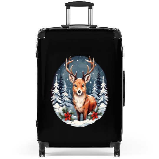 Christmas Deer with Poinsettia and Snow Suitcases