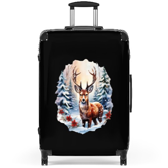 Christmas Deer with Poinsettia and Snow Suitcases