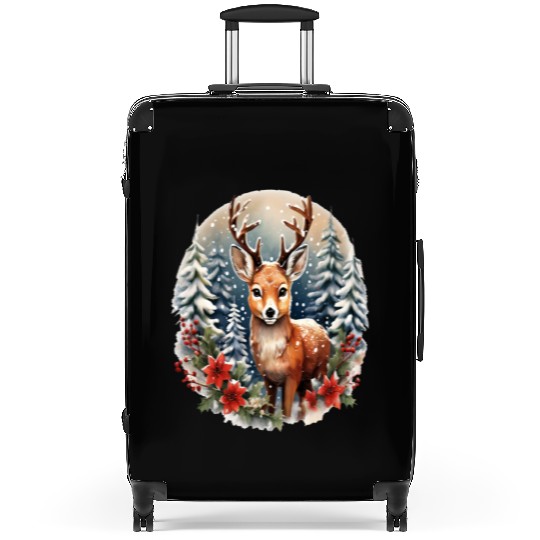 Christmas Deer with Poinsettia and Snow Suitcases