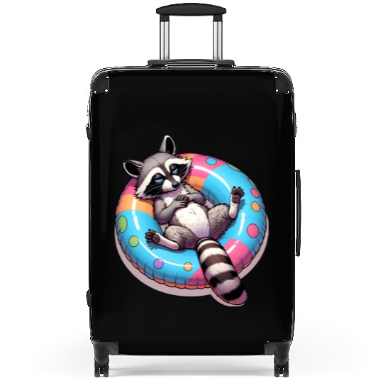 A relaxed raccoon on a swimming ring Suitcases