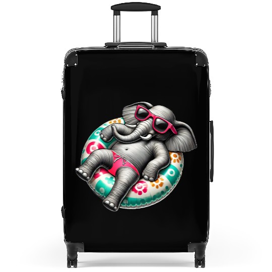 A relaxed elephant on a swimming ring Suitcases