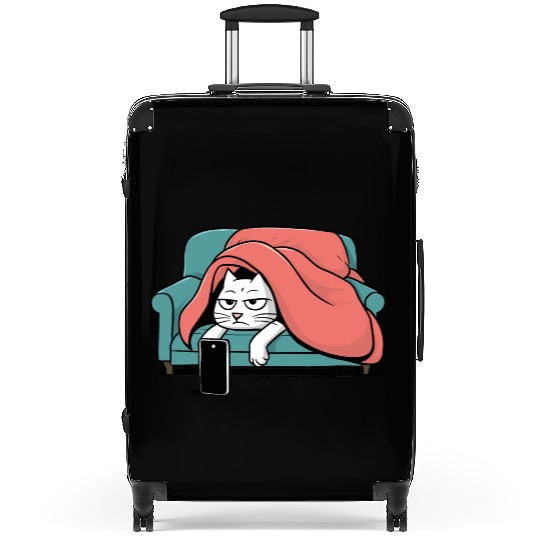 Bored Cat on Couch With Smart Phone Suitcases