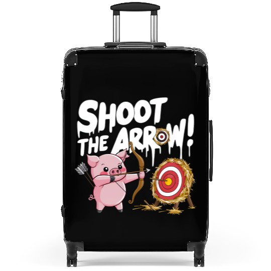 A pink piglet aiming a bow an arrow Suitcases