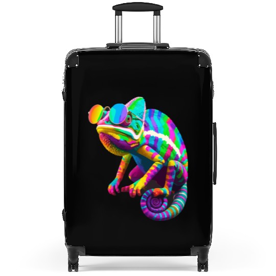 Colorful Chameleon with Sunglasses Suitcases