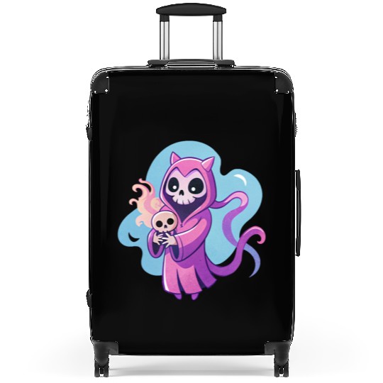 skeletal figure, violet pink robe, lavender puppy Suitcases