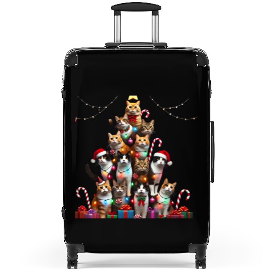 Christmas Cats Tree with Lights and Gifts Suitcases