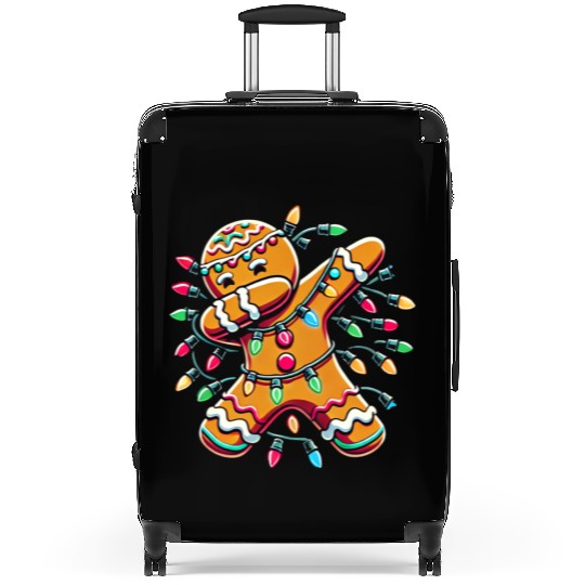 Dabbing Gingerbread Wrapped in Christmas Lights Suitcases
