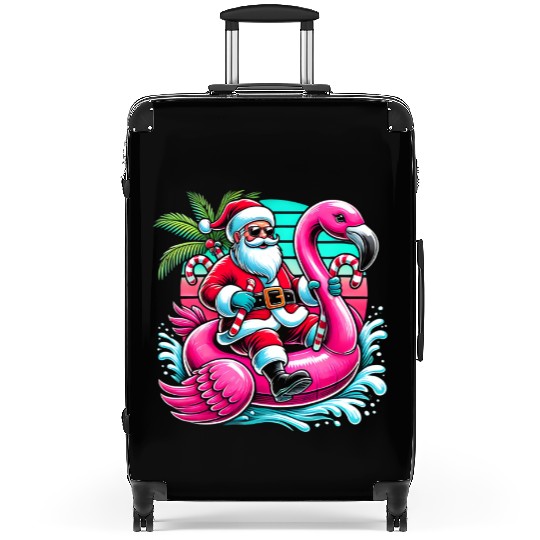 Santa Riding Flamingo in Tropical Christmas Fun Suitcases
