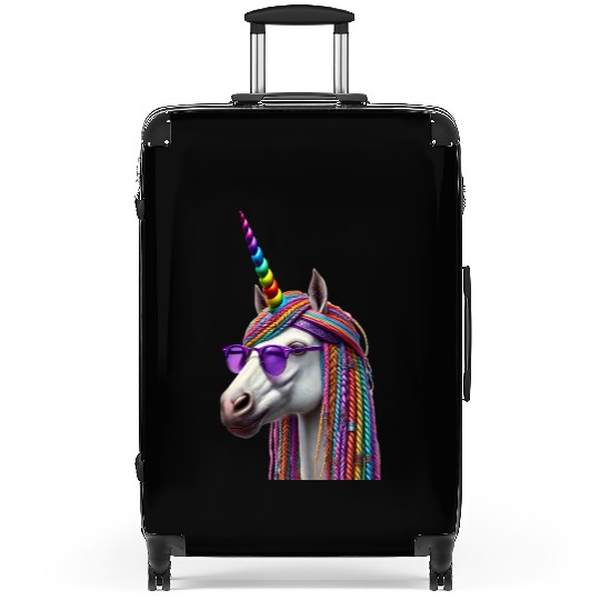 Rainbow Unicorn with Braids and Sunglasses Swag Suitcases