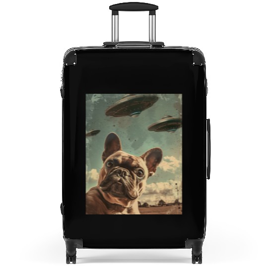 Funny French Bulldog Dog Selfie with UFOs Alien Suitcases