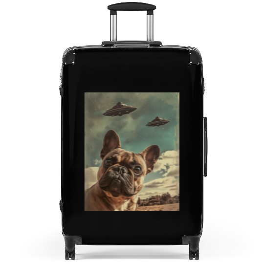 Funny French Bulldog Dog Selfie with UFOs Alien Suitcases